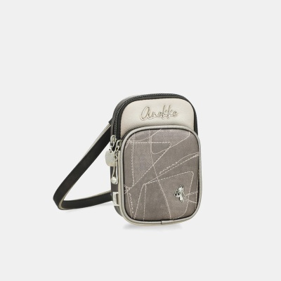 Bolsa pequena cinzenta e bege Aneffke com padrão e pendente gato