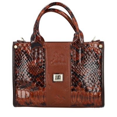 Mala de mão castanha com padrão de pele de cobra e detalhes metálicos
