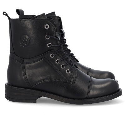 Botas pretas de couro com atacadores e logo circular na lateral