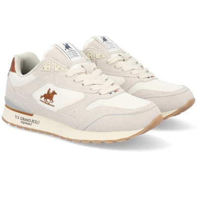 Sapatilhas bege e branco U.S. Grand Polo com logo de cavalo e sola bege.
