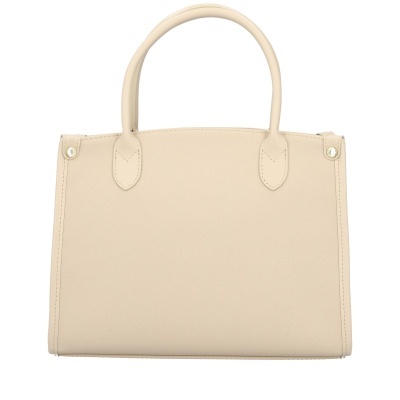 Mala de mão bege com pegas arredondadas e detalhes metálicos dourados