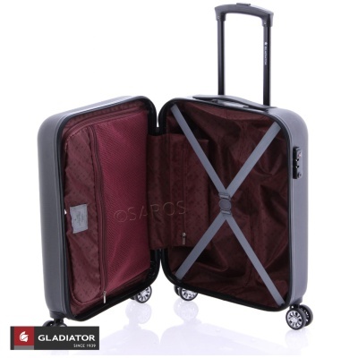 Mala de viagem rígida cinzenta aberta mostrando interior bordô com correias e quatro rodas