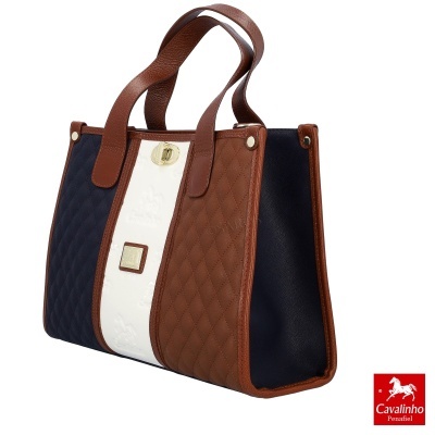 Mala de senhora Cavalinho Penafiel matelassé azul, branco e castanho