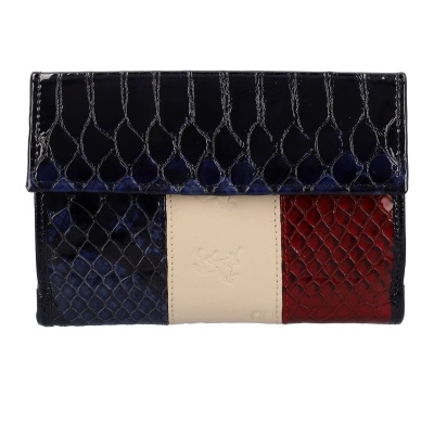 Carteira em pele com padrão de cobra e três cores: azul escuro, bege e vermelho