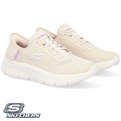 Ténis Skechers bege com sola branca e detalhes lilás