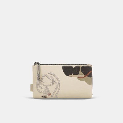 Carteira creme de pele com bordado de rosto feminino e fecho de correr