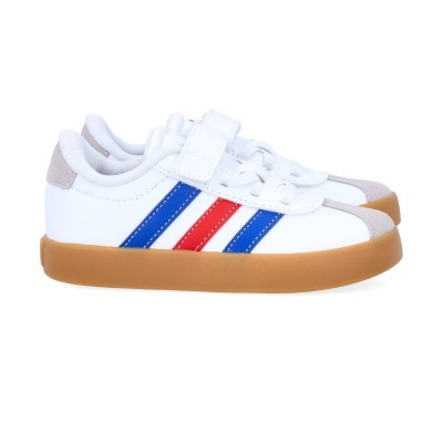 Ténis infantis brancos com riscas azuis e vermelha e sola castanha