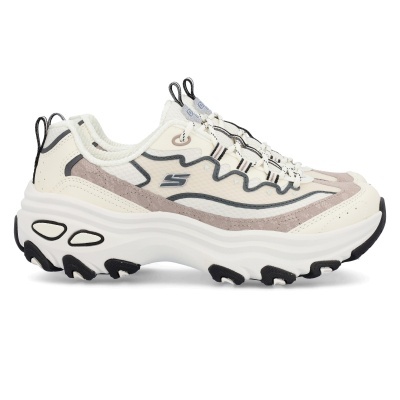 Ténis desportivos brancos, bege e cinzentos Skechers com sola grossa e detalhes pretos