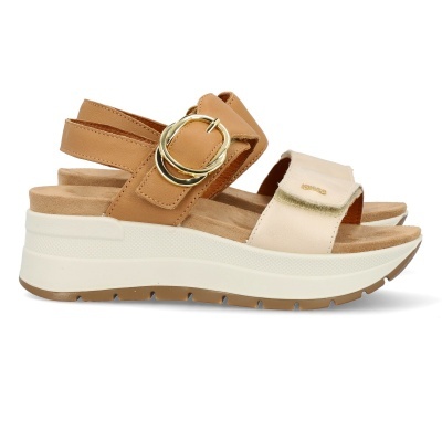 Sandálias de cunha bege e castanho claro com fivela dourada e sola branca
