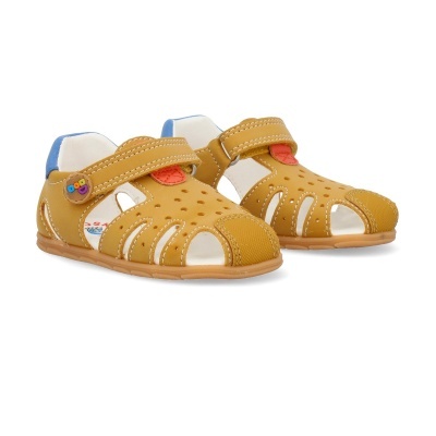 Sandálias infantis castanhas com tira de velcro e detalhes em azul