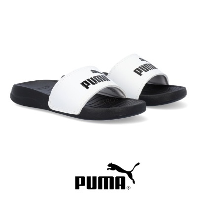 Chinelos Puma pretos e brancos com logo