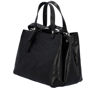 Mala de mão preta em pele com padrão em relevo e pegas duplas