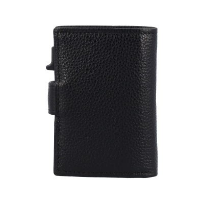 Carteira preta em pele com textura granulada e fecho lateral em metal