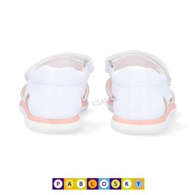 Sandálias infantis brancas e rosa vista de trás com sola rosa clara