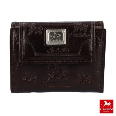 Carteira castanha em pele com padrão de cavalos em relevo e placa metálica Cavalinho