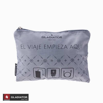 Bolsa cinzenta com fecho, texto e ícones da marca GLADIATOR