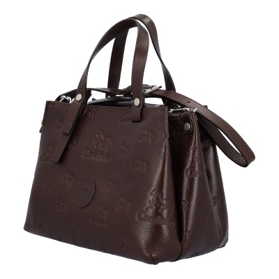 Mala de mão castanha escura em couro com padrão em relevo e alças duplas