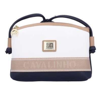 Bolsa pequena branca, bege e azul escura com alça preta e logótipo metálico Canalinho