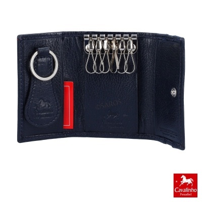 Carteira porta-chaves em pele azul escura com ganchos e argola metálica
