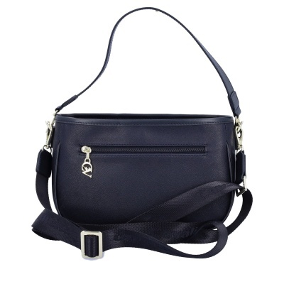 Mala de ombro azul escura com alça ajustável e fecho metálico prateado