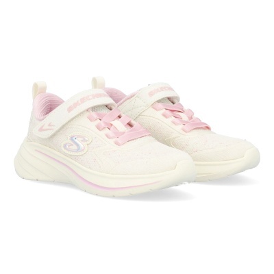 Ténis infantis Skechers branco e cor-de-rosa com fecho velcro e atacadores.