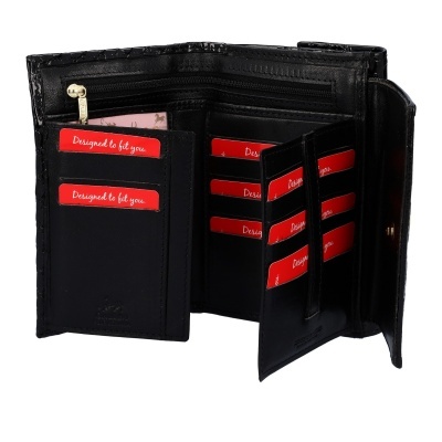 Carteira preta de couro aberta mostrando compartimentos para cartões e notas