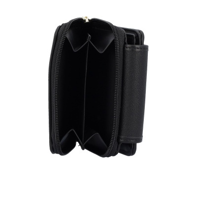 Carteira preta com fecho de correr aberta, mostrando o interior.