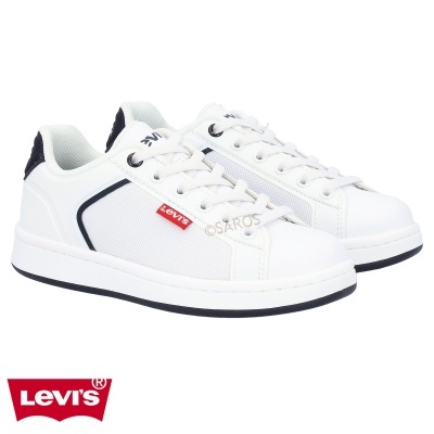 Ténis brancos Levi's com etiqueta vermelha e detalhes azuis escuros
