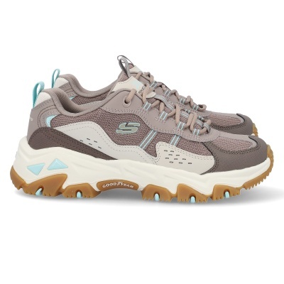 Ténis Skechers castanho e bege com detalhes azuis e solado amarelo