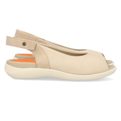 Sandálias de senhora em pele bege com tira atrás e salto baixo branco