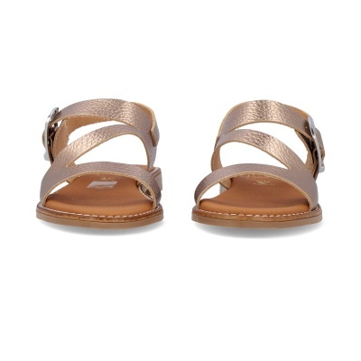 Sandálias femininas douradas com tiras cruzadas e sola castanha