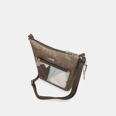 Mala de mão em material sintético castanho com padrão geométrico e alça castanha ajustável