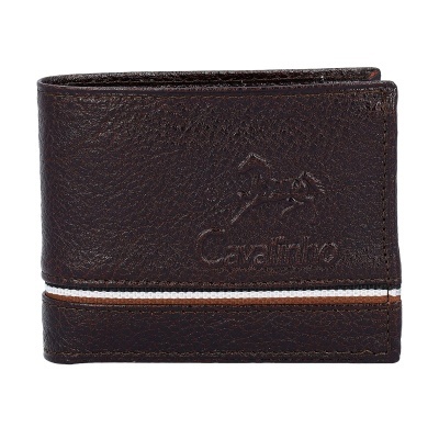 Carteira masculina em pele castanha escura com faixa de tecido colorida