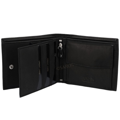 Carteira preta em pele aberta com compartimentos para cartões e moedas