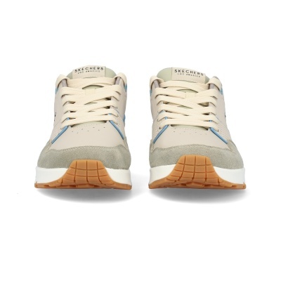 Sapatilhas Skechers Beverly Hills creme com detalhes cinza e azul, vista frontal