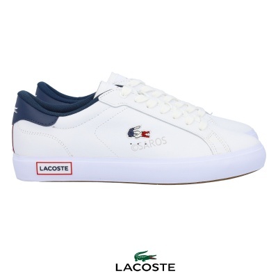 Ténis Lacoste brancos com detalhe azul escuro e logótipos