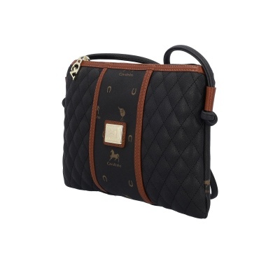 Mala preta acolchoada com detalhes castanhos e motivos de ferraduras e cavalos