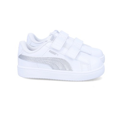 Ténis brancos de criança Puma com fecho de velcro e faixa prata