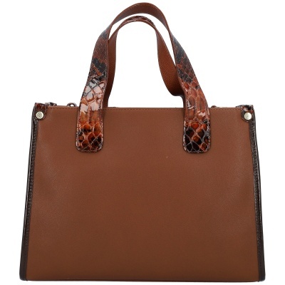Mala de mão castanha com alças estampadas em padrão de pele de cobra