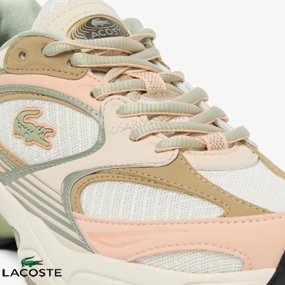 Tênis Lacoste bege, creme e verde-água com logótipos e malha branca