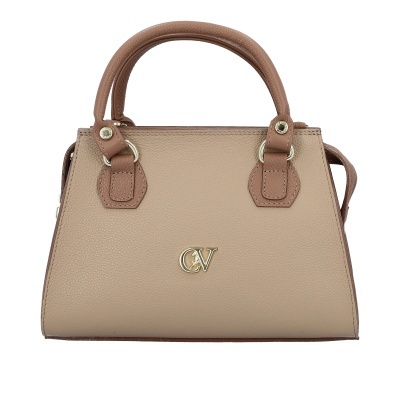 Mala de mão bege com alças castanhas e logótipo dourado CV