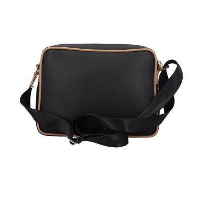 Mala tiracolo rectangular preta com acabamento bege e alça preta