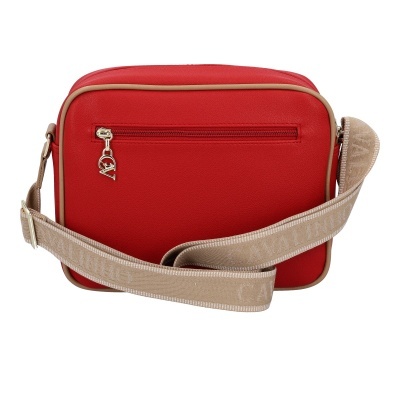 Mala tiracolo vermelha com contorno bege e pega bege com texto CAVALINHO