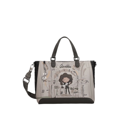 Mala tote bege e preta com desenho de rapariga e gato e texto Anekke Sing your soul