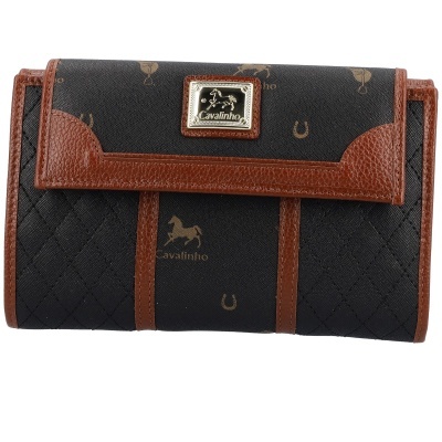 Carteira preta com detalhes em castanho e logo Cavalinho