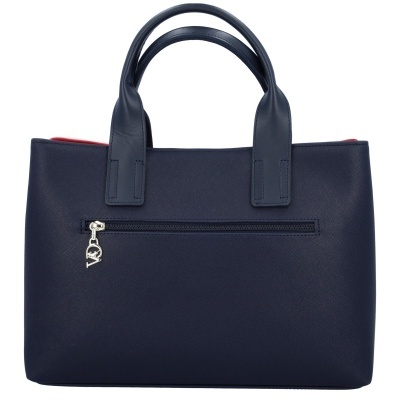 Mala de mão azul escura com fecho de bolso exterior e alças