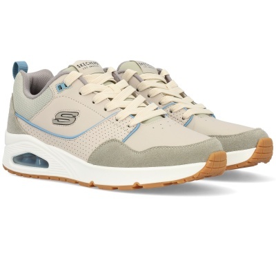 Ténis Skechers bege, cinzento e azul claro com sola branca e detalhes castanhos