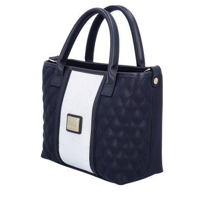 Mala de mão azul escuro com faixa branca central e placa dourada