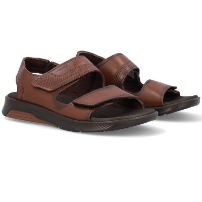 Sandálias em pele castanha com tiras de velcro e sola preta