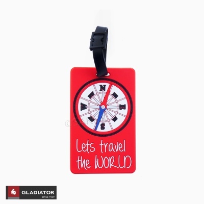 Etiqueta de bagagem vermelha com bússola e texto 
